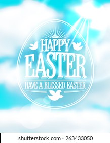 Happy Easter calligraphic design against blue sky with clouds backdrop.