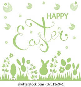 Happy Easter calligraphic greeting card. Hand drawn inscription isolated on white background. Easter abstract elements - eggs, bunny, flowers, leaves. Vector handmade art. Easter lettering typography.