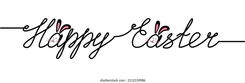 Feliz Pascua con letras caligráficas a mano, inscripción manuscrita con conejos. Dibujo continuo de una línea de frase. Elemento de diseño para vacaciones de Semana Santa, arte de una sola línea. Ilustración vectorial. 