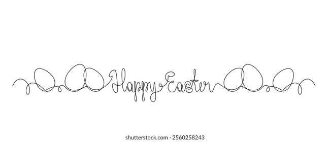 Happy Easter calligraphic hand lettering drawn in continuous line, handwritten text, design element for Easter holidays, greeting banner, one line, editable vector contour