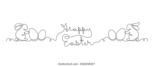 Happy Easter calligraphic hand lettering drawn in continuous line, handwritten text, Easter bunnies and eggs, greeting banner, one line, editable vector contour