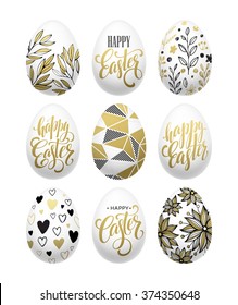 Happy easter.  Calligraphic lettering egg golden effect. Vector illustration