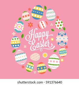 Happy Easter Calligraphic lettering hand font with colourful eggs in flat design