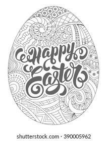 Happy Easter Calligraphic Lettering on Zentangle Ornate Egg. Isolated on White Background. Design Element for Easter Greeting Card. Vector illustration.