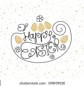Happy Easter Calligraphic Lettering and Ornate Eggs. Design Element for Easter Greeting Card. Vector Template Isolated on White Background. 
