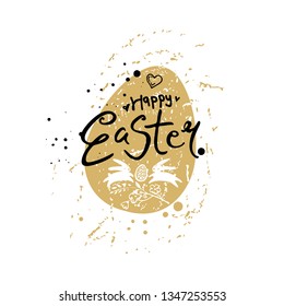 Happy Easter. Calligraphic logo hand drawn with ink brush. Vector template gift easter egg with two jumping Easter bunnies. Flat design golden egg and handwritten wish phrase.
