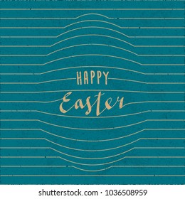 Happy Easter Calligraphic Logo Lettering with Retro Style Egg Shape Created by Repeating Horizontal Lines - Beige Elements on Turquoise Rough Paper Background - Vintage Hand Drawn Design