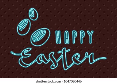 Happy Easter Calligraphic Logo Lettering with Egg Shapes Glowing Neon Light Style - Turquoise Elements on Brown Holes Wallpaper Background - Hand Drawn Flat Design