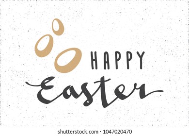 Happy Easter Calligraphic Logo Lettering with Graphic Egg Shapes Hand Drawn Style - Beige Elements on White Grunge Paper Background - Vector Contrast Design