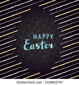 Happy Easter Calligraphic Logo Lettering in Blank Egg Shape Created by Gold and Silver Repeating Oblique or Slanted Lines - Metallic on Black Decorative Plaster Background - Vector Hand Drawn Design