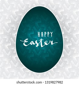 Happy Easter Calligraphic Logo Lettering on Decorative Plaster Easter Egg Shape Spring Holidays Creative Concept - Turquoise and White Elements on Grey Background - Vector Hand Drawn Design