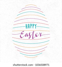 Happy Easter Calligraphic Retro Style Logo and Egg Shape Made by Repeating Horizontal Lines with Lettering - Colored Elements on White Rough Paper Background - Vintage Hand Drawn Design