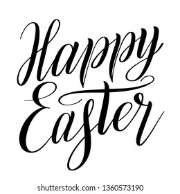 Happy Easter. Calligraphic style design element for greeting cards. Brush pen hand lettering. Black isolated cursive. Handwriting inscription. Vector holiday script.
