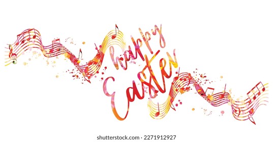 Cartel de arte de la caligrafía de Pascua Feliz. Mensaje decorativo de letra de guión para la celebración de Pascua. Inscripción de tarjeta de felicitación para Eastertime con notas musicales. Ilustración del vector