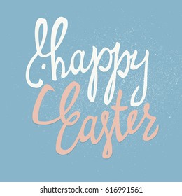 Caligrafía "Happy Easter" con silueta banal y efecto textura. Logotipo de saludos de vacaciones. Grabado de vectores dibujado a mano. Ilustración de oídos conejos y saludos de Pascua