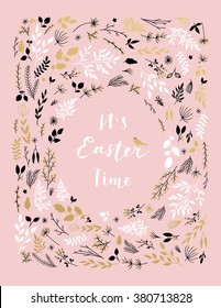 Happy easter calligraphy card template with flowers, branches, leaves frame. Vector illustration. Hand drawn lettering