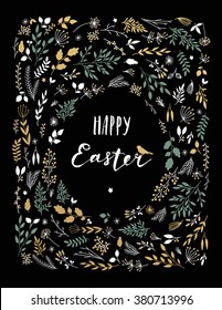 Happy Easter calligraphy card template with flowers, branches, leaves frame. Vector illustration. Hand drawn lettering
