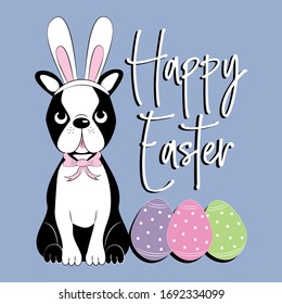 Happy Easter calligraphy with cute Boston Terrier and eggs.
Good for greeting card, poster, banner, textile print.