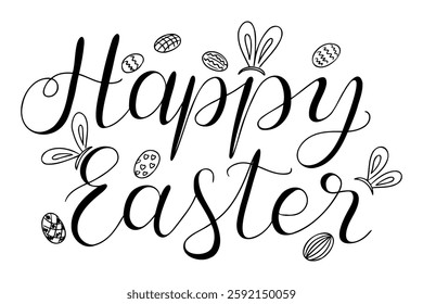 Happy Easter calligraphy with decorative Easter eggs and bunny ears in a black and white hand drawn style, perfect for greeting cards, coloring pages, and festive designs. Vector illustration