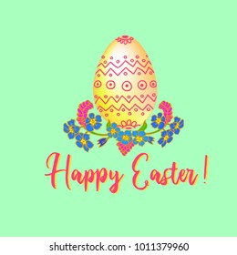Happy Easter Calligraphy with Decorative Traditional Egg and Forget-me-not Flowers Isolated on Green Background. Vector Happy Easter Text. Egg Template for Easter Holiday Invitation or Greeting Card
