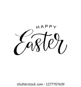 Feliz diseño de caligrafía de Pascua. El texto con letras dibujadas a mano se puede utilizar para el logotipo, la insignia, el icono, el cartel. Plantilla vectorial para invitación, tarjeta de felicitación, web, postal.