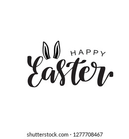 Happy Easter calligraphy design. Hand drawn lettering text and bunny ears on white background. Can be used for logo, badge, icon, poster. Vector Template for invitation, greeting card, web, postcard.