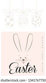 Happy Easter calligraphy greeting card Easter Eggs Hunt, bunny character icon, cartoon rabbit animal, minimalist trendy style line art design fashion banner sale sign. Spring Holiday floral decoration