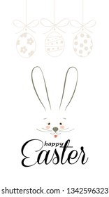 Happy Easter calligraphy greeting card Easter Eggs Hunt, bunny character icon, cartoon rabbit animal, minimalist trendy style line art design fashion banner sale sign. Spring Holiday floral decoration