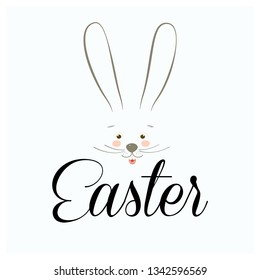 Happy Easter calligraphy greeting card Easter Eggs Hunt, bunny character icon, cartoon rabbit animal, minimalist trendy style line art design fashion banner sale sign. Spring Holiday floral decoration