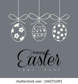 Happy Easter calligraphy greeting card Easter Eggs Hunt, bunny character icon, cartoon rabbit animal, minimalist trendy style line art design fashion banner sale sign. Spring Holiday floral decoration
