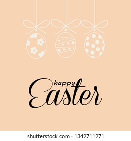 Happy Easter calligraphy greeting card Easter Eggs Hunt, bunny character icon, cartoon rabbit animal, minimalist trendy style line art design fashion banner sale sign. Spring Holiday floral decoration