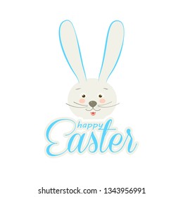 Happy Easter calligraphy greeting card  bunny character icon, cartoon rabbit animal, minimalist trendy style line art design fashion banner sale sign. Spring Holiday floral decoration
