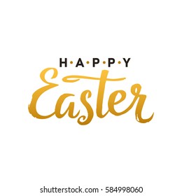 Happy Easter Calligraphy Greeting Card. Modern Brush Lettering. Joyful wishes, holiday greetings. Golden and Black Letters, White Background.