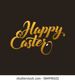Happy Easter Calligraphy Greeting Card. Modern Brush Lettering. Joyful wishes, holiday greetings. Golden and Black Letters, White Background.