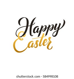 Happy Easter Calligraphy Greeting Card. Modern Brush Lettering. Joyful wishes, holiday greetings. Golden and Black Letters, White Background.