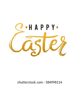 Happy Easter Calligraphy Greeting Card. Modern Brush Lettering. Joyful wishes, holiday greetings. Golden and Black Letters, White Background.