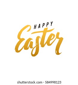 Happy Easter Calligraphy Greeting Card. Modern Brush Lettering. Joyful wishes, holiday greetings. Golden and Black Letters, White Background.