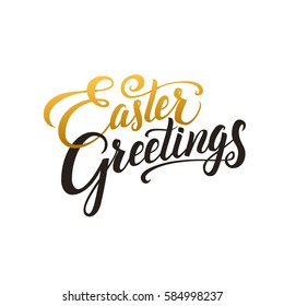 Happy Easter Calligraphy Greeting Card. Modern Brush Lettering. Joyful wishes, holiday greetings. Golden and Black Letters, White Background.