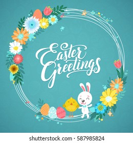 Happy Easter Calligraphy Greeting Card. Modern Brush Lettering and Floral Wreaths. Joyful wishes, holiday greetings. Pastel background