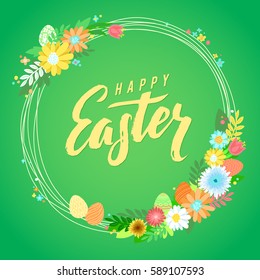 Happy Easter Calligraphy Greeting Card. Modern Brush Lettering and Floral Wreaths. Joyful wishes, holiday greetings. Pastel background