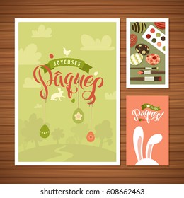 Happy Easter Calligraphy Greeting Card Set. French Hand Lettering. Holiday Greetings. Bunny Eggs and Chicken.