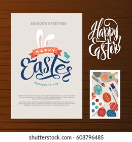 Happy Easter Calligraphy Greeting Card Set. Hand Lettering. Holiday Greetings. Bunny Eggs and Chicken.