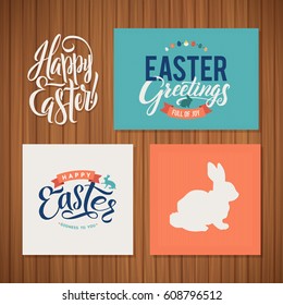 Happy Easter Calligraphy Greeting Card Set. Hand Lettering. Holiday Greetings. Bunny Eggs and Chicken.