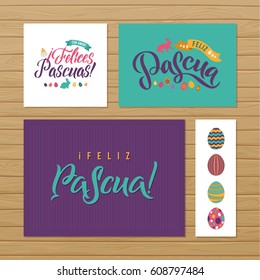 Happy Easter Calligraphy Greeting Card Set. Spanish Hand Lettering. Holiday Greetings. Bunny Eggs and Chicken.