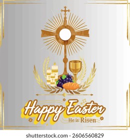 Happy Easter Calligraphy hand drawn lettering with golden Cross on grey background, For banner, poster,postcard,background, Vector illustration.