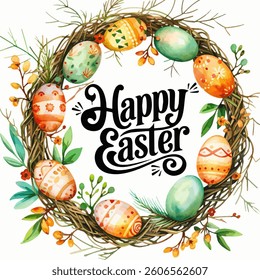 Happy Easter Calligraphy hand drawn lettering with Easter eggs frame on white background, for poster, invitation, postcard, banner or background, Vector illustration.