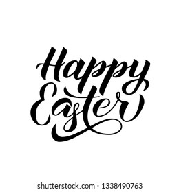 Happy Easter calligraphy hand lettering isolated on white. Easter celebration typography poster. Spring holidays vector illustration. Easy to edit template for party invitation, greeting card, banner.