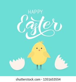 Happy Easter calligraphy hand lettering. Cute cartoon chicken hatched from eggs. Easter celebration greeting card. Easy to edit template for party invitation, poster, banner. Vector illustration.