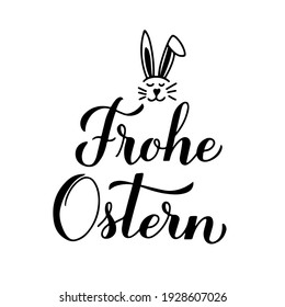 Feliz caligrafía de Pascua con letras de mano en alemán con una linda cara de conejito. Afiche de tipografía de la celebración de Pascua. Plantilla vectorial para invitación de fiesta, tarjeta de saludo, banner, pegatina, etc.