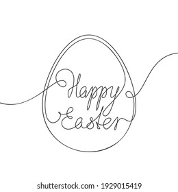 Happy Easter calligraphy hand lettering in egg shape frame, Continuous one line drawing, Handwritten inscription made of thin line, Vector minimalist illustration, Design element for Easter holidays